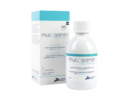 Mucosamin mouthwash 250ml bottle and outer box packaging
