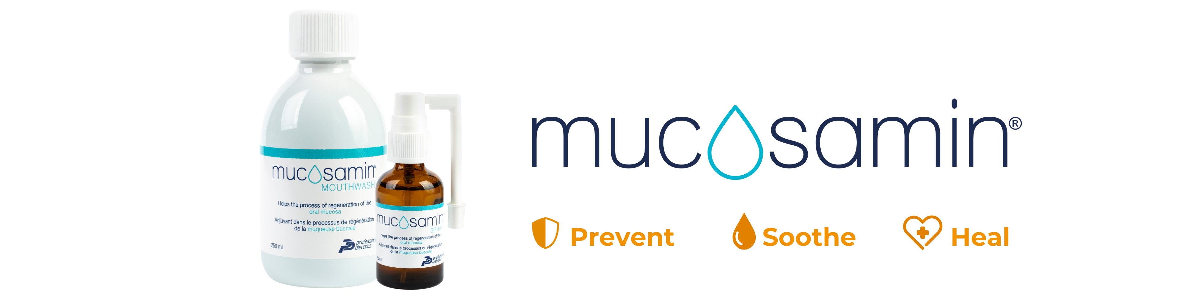 Mucosamin mouthwash and spray bottles with Mucosamin logo and “prevent soothe heal” tagline on a white background